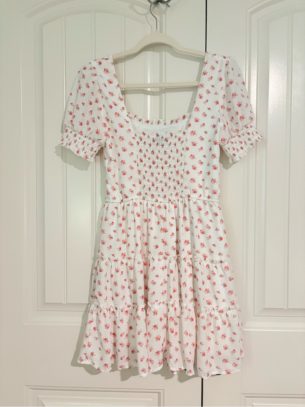 Teen/Juniors White Floral Smocked Tiered Dress